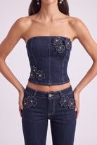 Çiçek Detaylı Straplez Kesim Clover Jean Büstiyer Lacivert