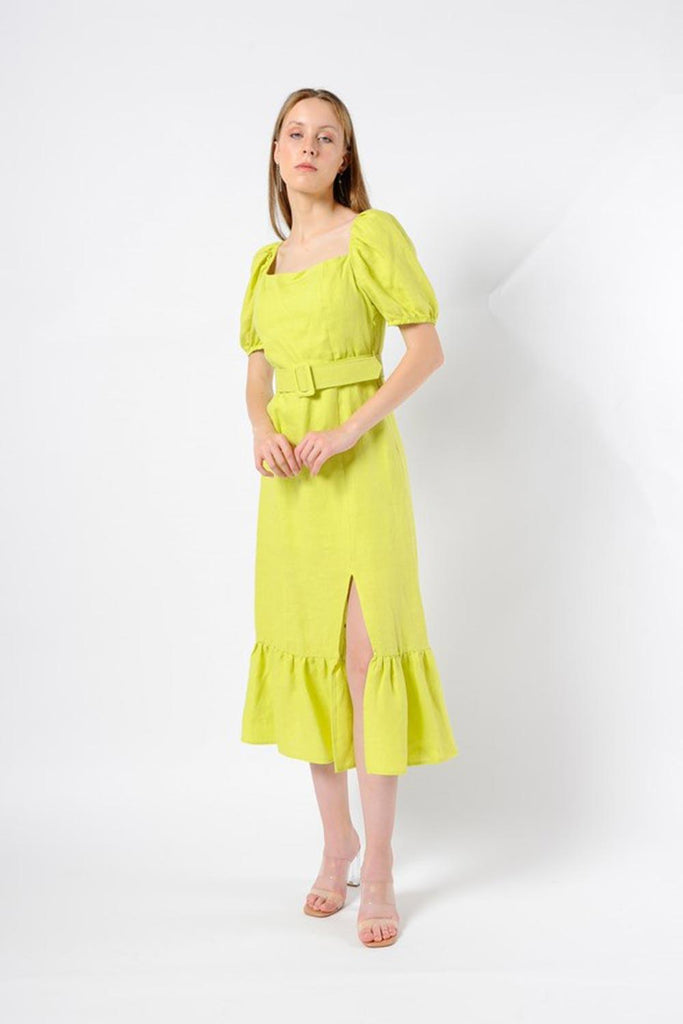 Diagonal |  Astarlı Keten Kumaş Kaplama Elbise Fıstık Yeşili 4 | Milagron