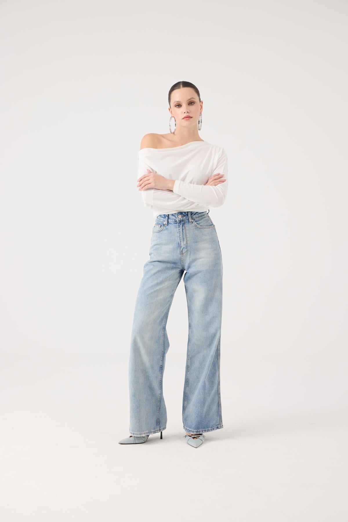 Yüksek Bel Wide Leg Carino Jean Pantolon Mavi