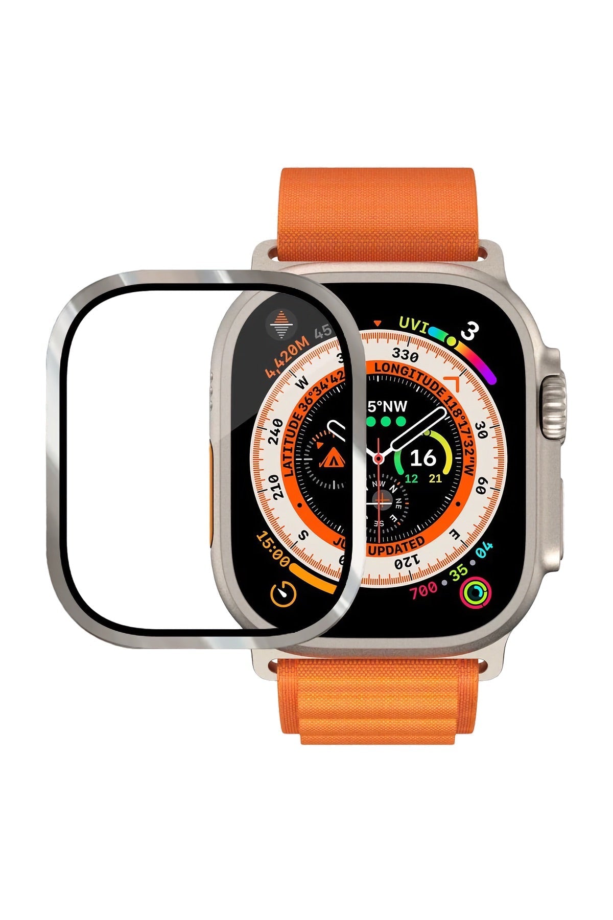 Apple Watch Ultra Uyumlu Metal Çerçeveli İNce Ekran Koruyucu Çelik Gri
