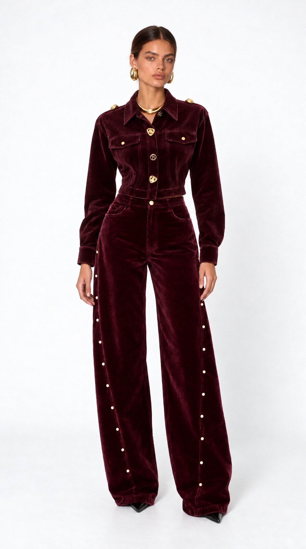 Cropped Velvet Jacket & Barrel-Leg Trousers Set