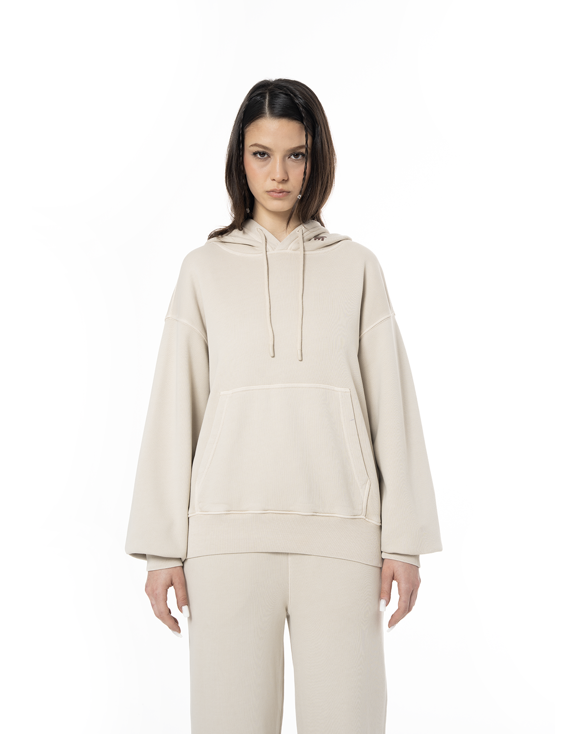 Kadin Oversize Fm Icon Nakişli Hoodie - Bej