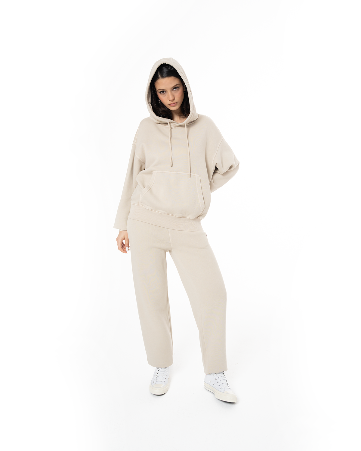 Kadin Oversize Fm Icon Nakişli Hoodie - Bej