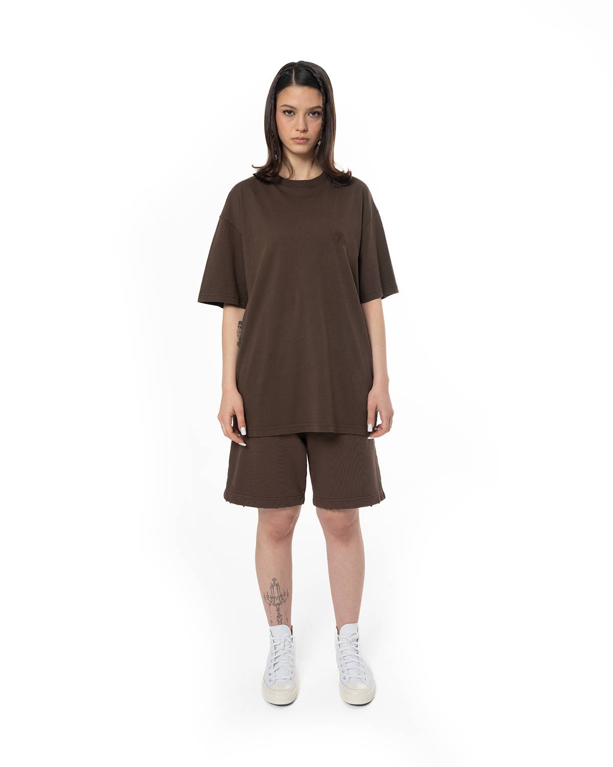 Erkek Oversize Fakemood Nakişli TiŞört - Kahverengi