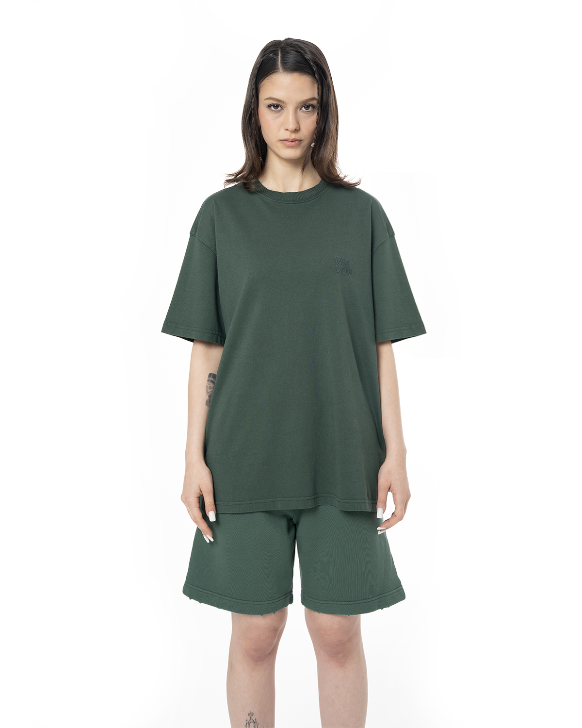 Kadin Oversize Fakemood Nakişli TiŞört - YeşiL