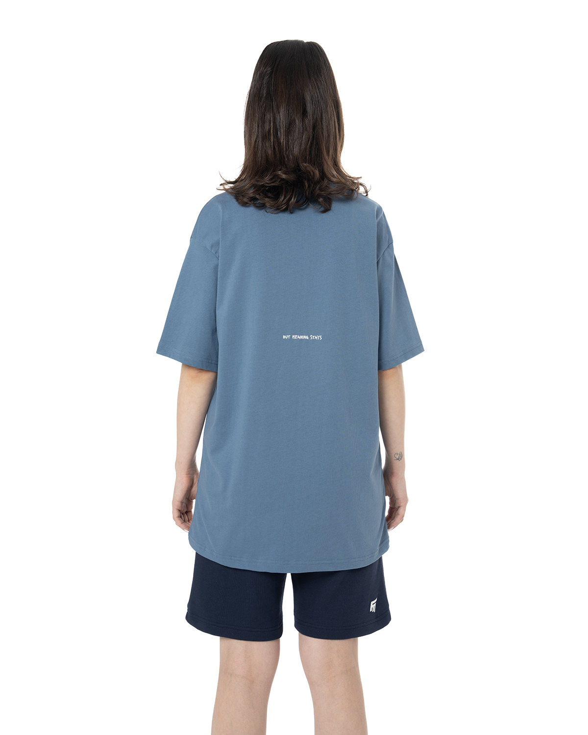 Kadin Oversize Basic Baskili TiŞört - Mavi