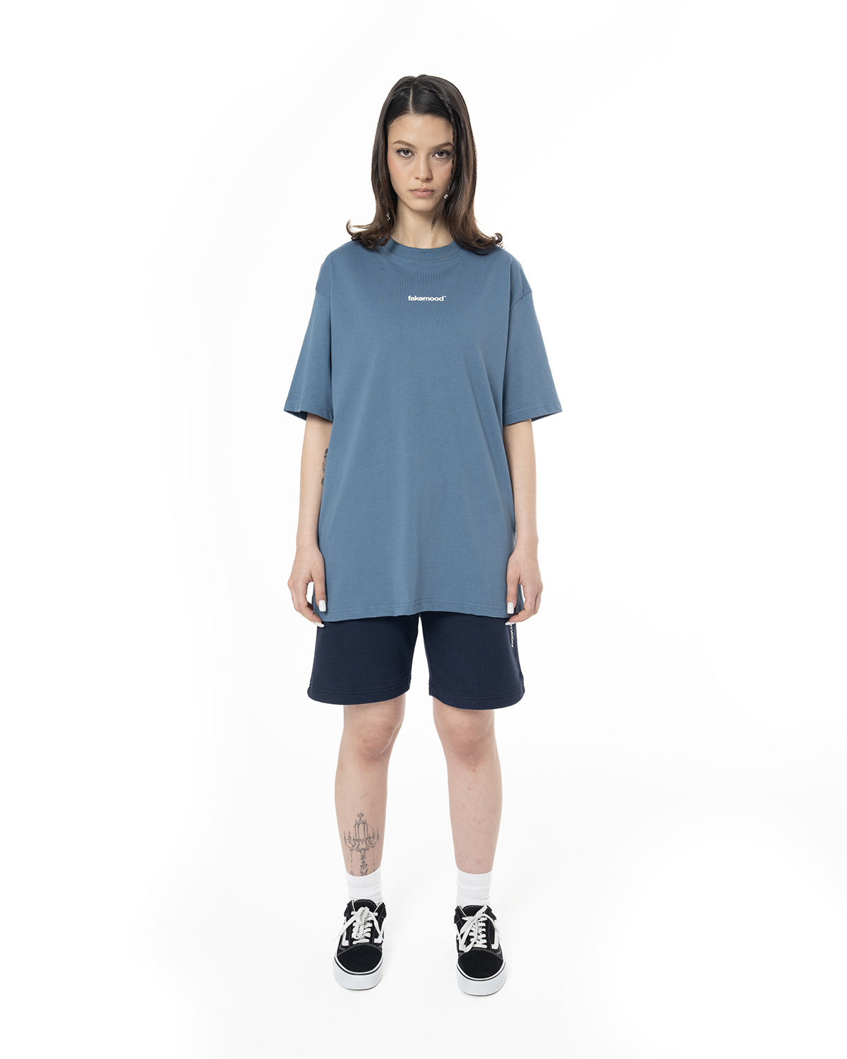 Kadin Oversize Basic Baskili TiŞört - Mavi