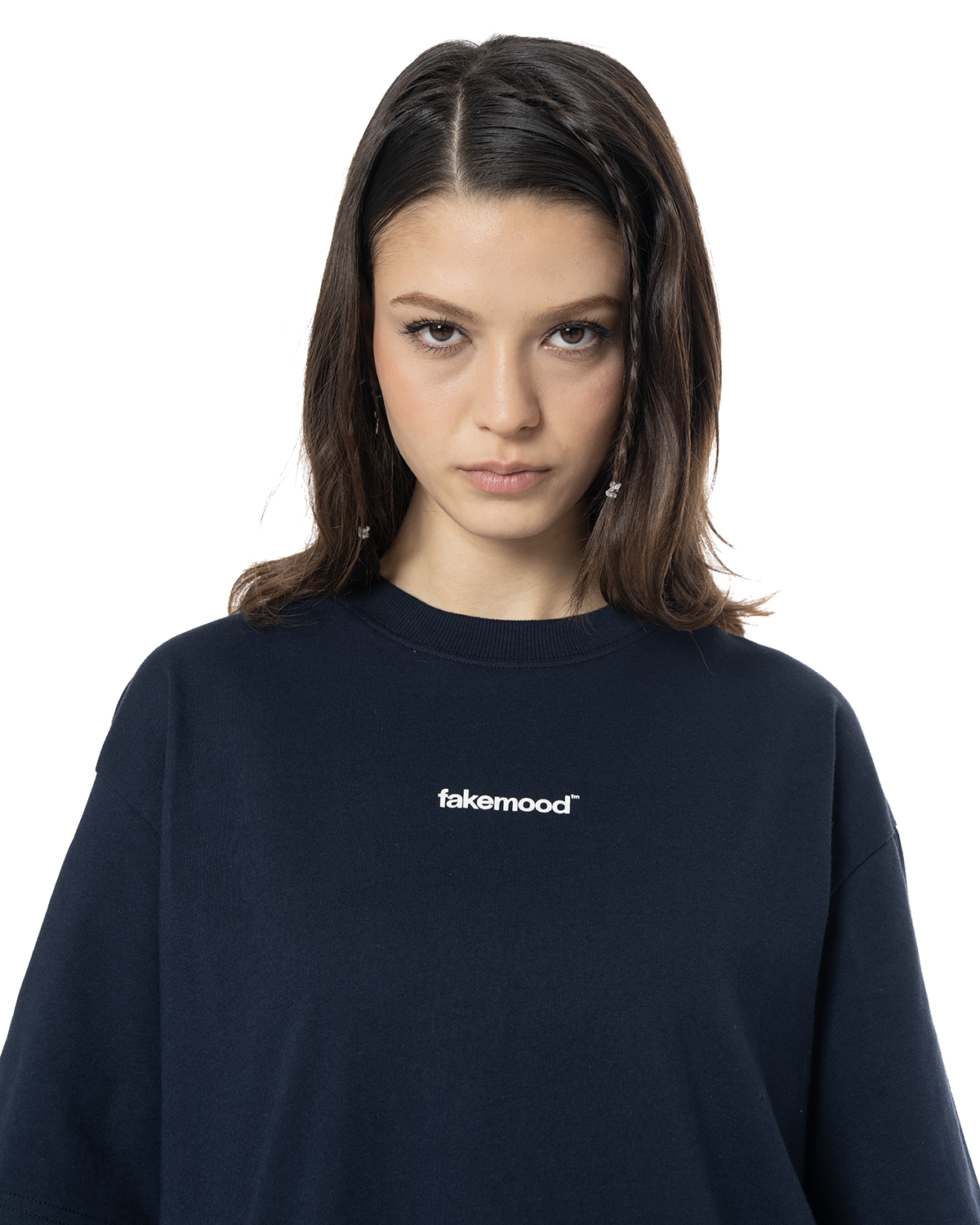 Kadin Oversize Basic Baskili TiŞört - LaciVert