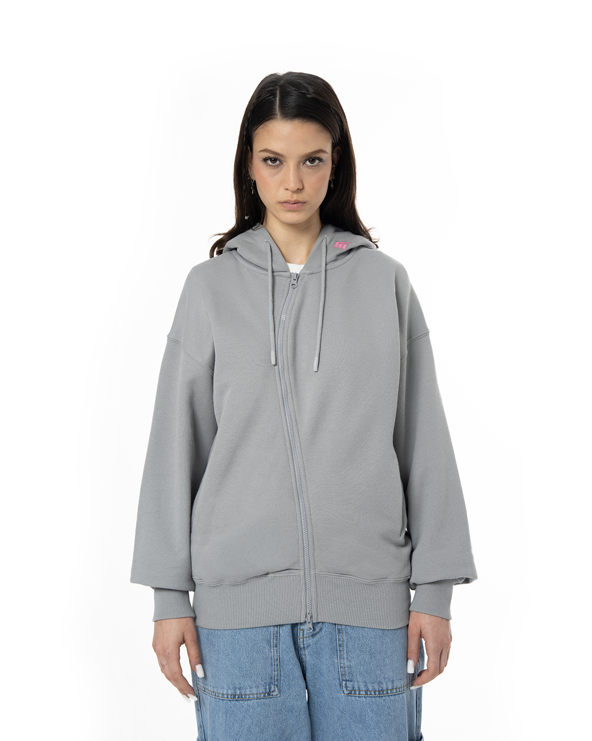 Kadin Oversize AsiMetriK KesiM Nakişli Zip Hoodie - Gri