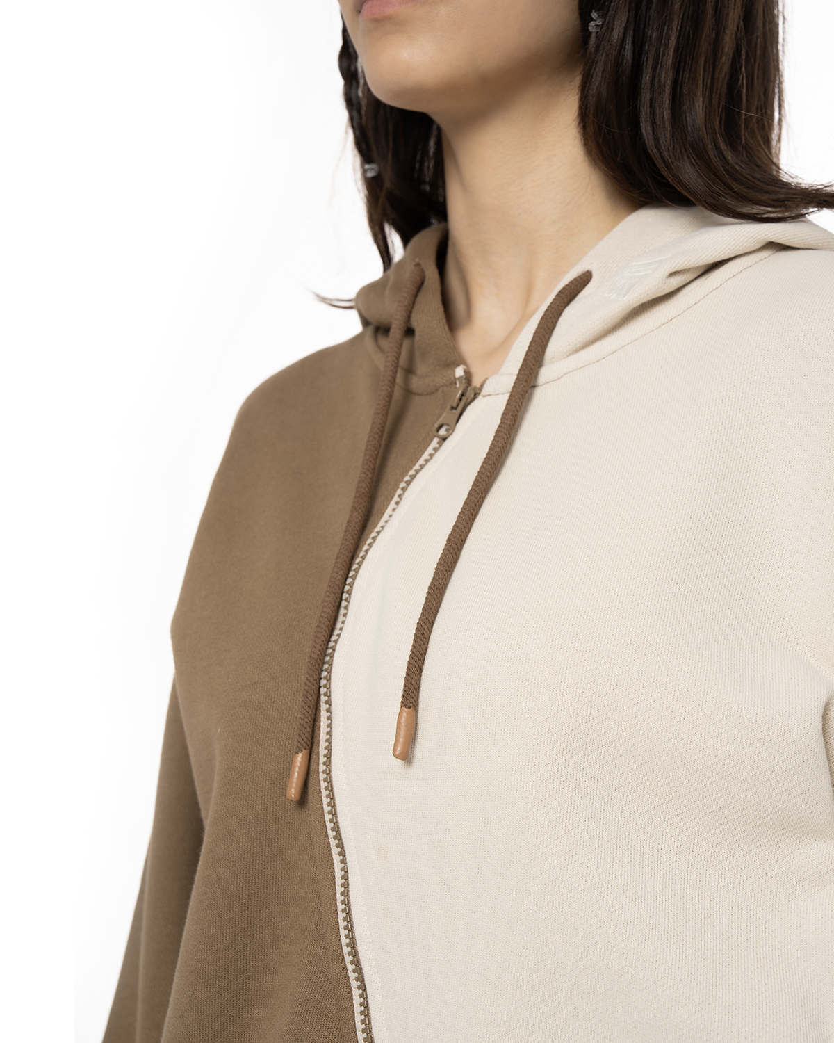 Kadin Oversize AsiMetriK KesiM Nakişli Zip Hoodie - Bej / Kahverengi