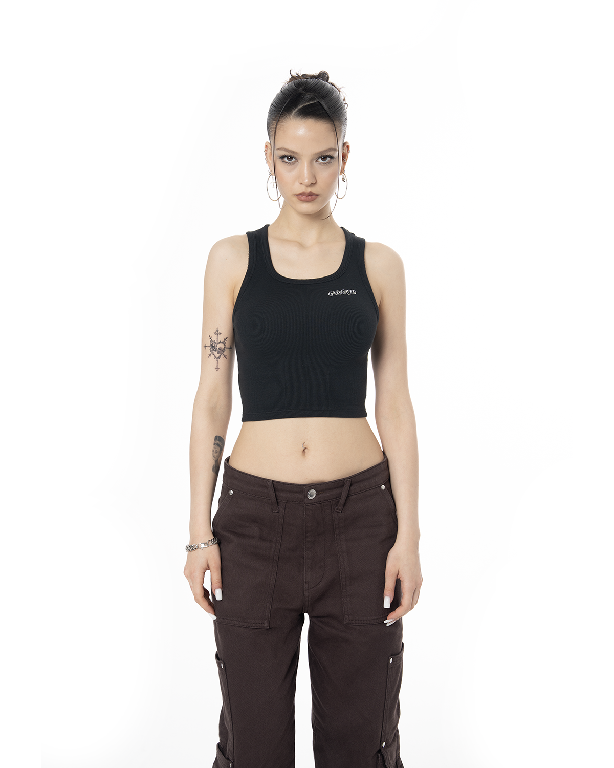Kadin Fakemood Nakişli Crop Top - SiYah