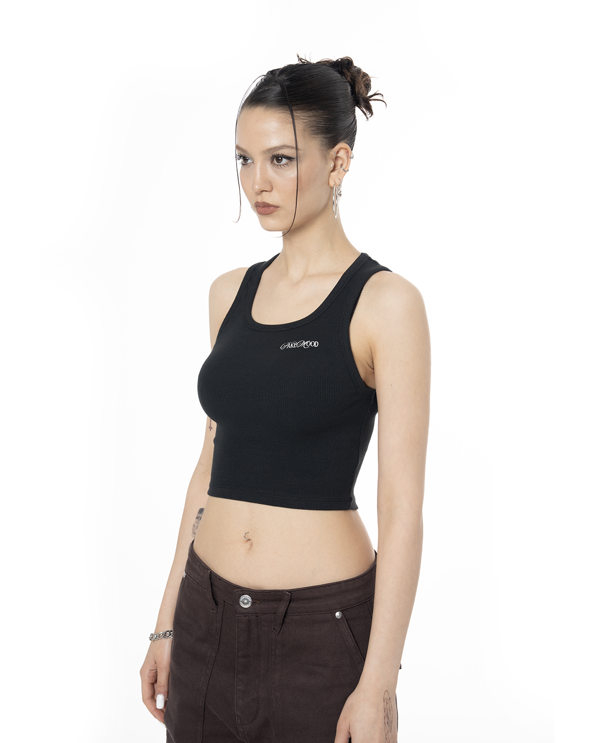 Kadin Fakemood Nakişli Crop Top - SiYah