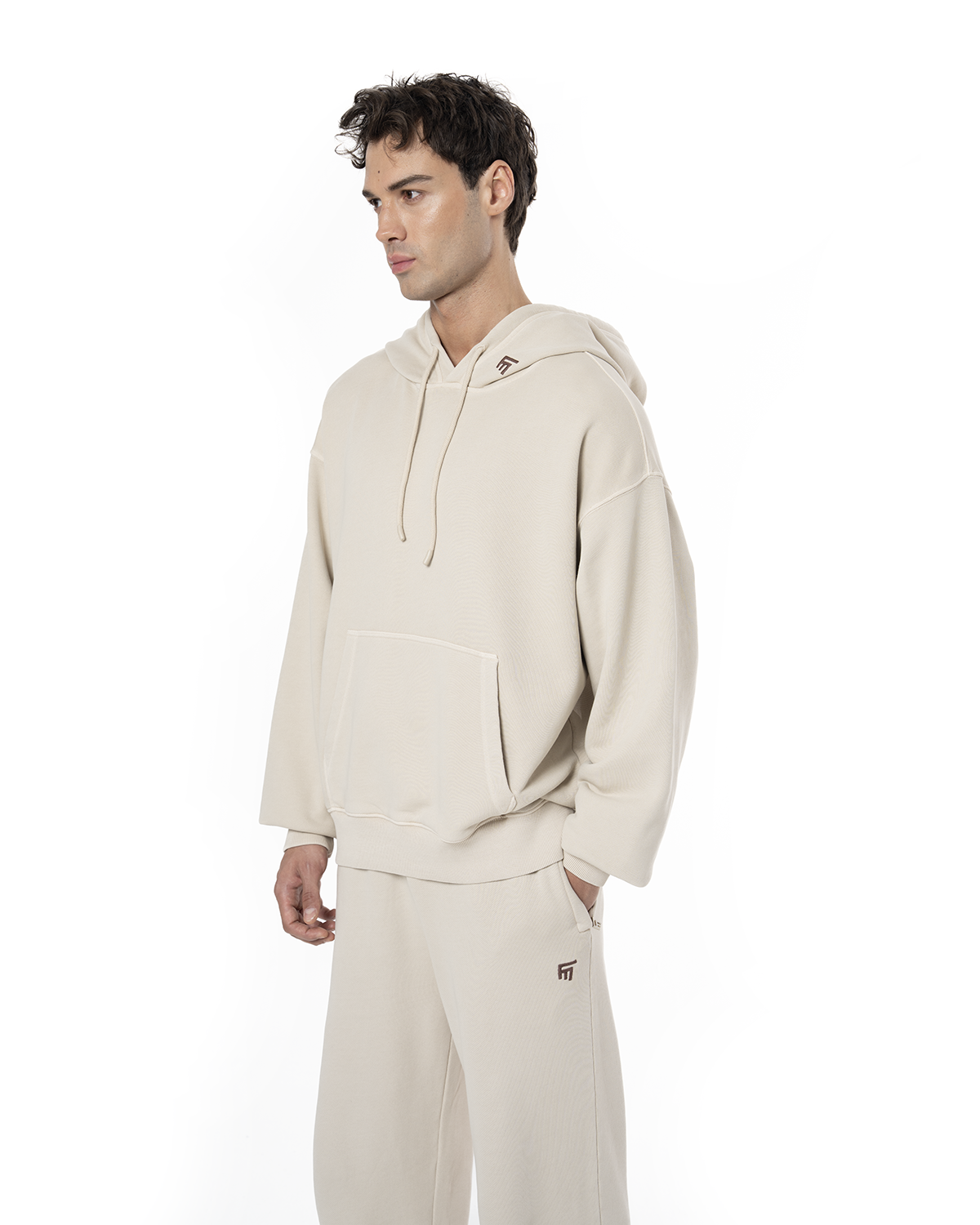 Erkek Oversize Fm Icon Nakişli Hoodie - Bej
