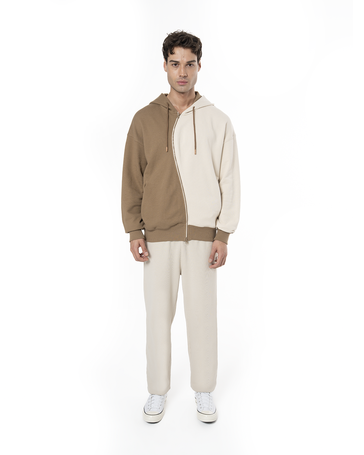 Erkek Oversize AsiMetriK KesiM Nakişli Zip Hoodie - Bej / Kahverengi