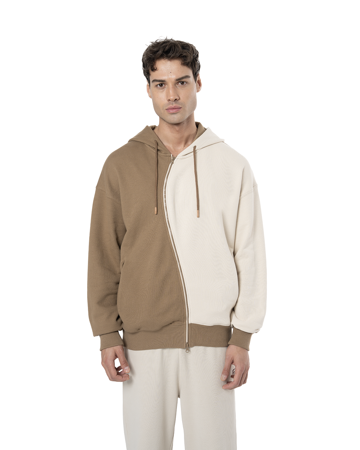 Erkek Oversize AsiMetriK KesiM Nakişli Zip Hoodie - Bej / Kahverengi