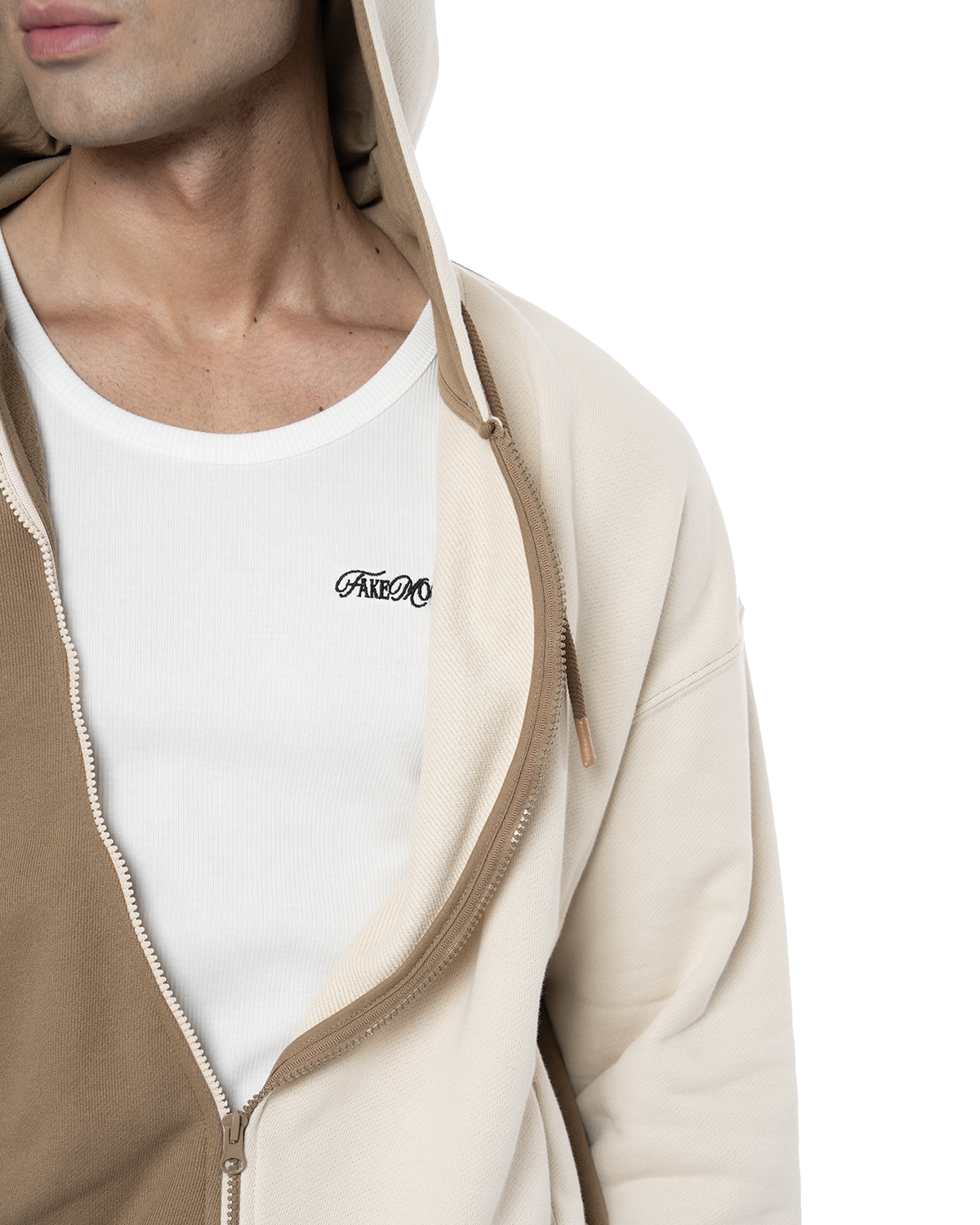 Erkek Oversize AsiMetriK KesiM Nakişli Zip Hoodie - Bej / Kahverengi