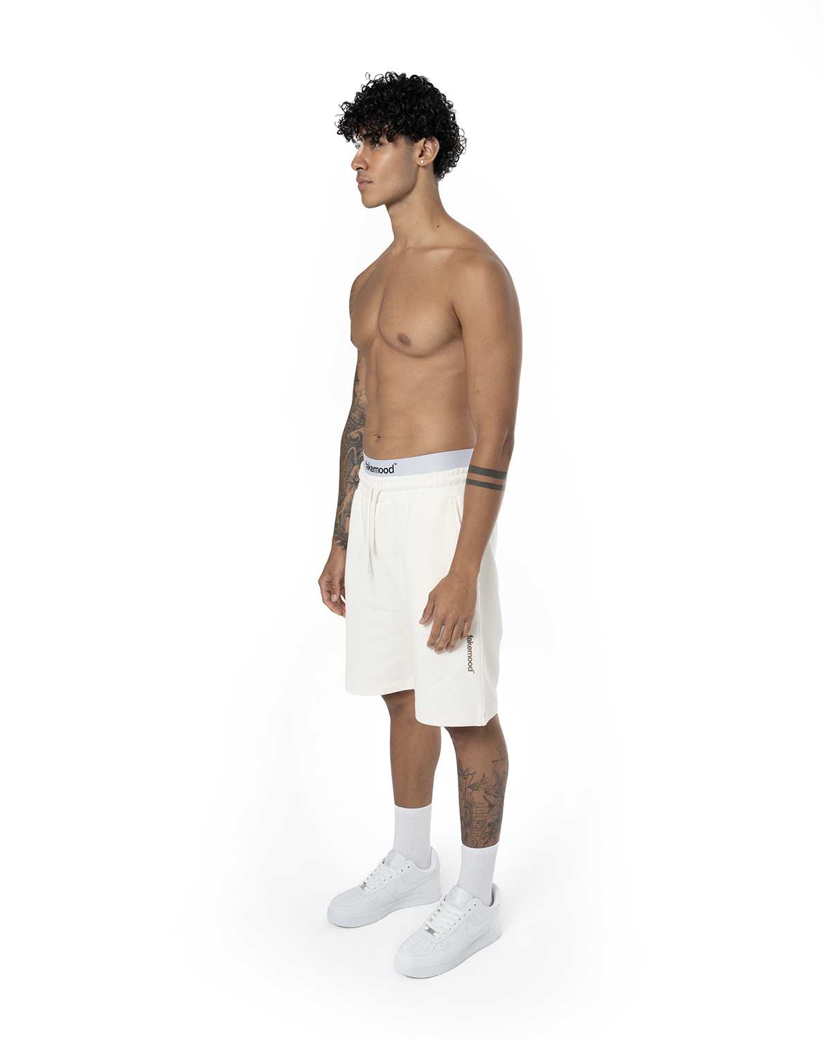Unisex Relaxed Fit Basic Fakemood Baskili Şort - AntiK Beyaz