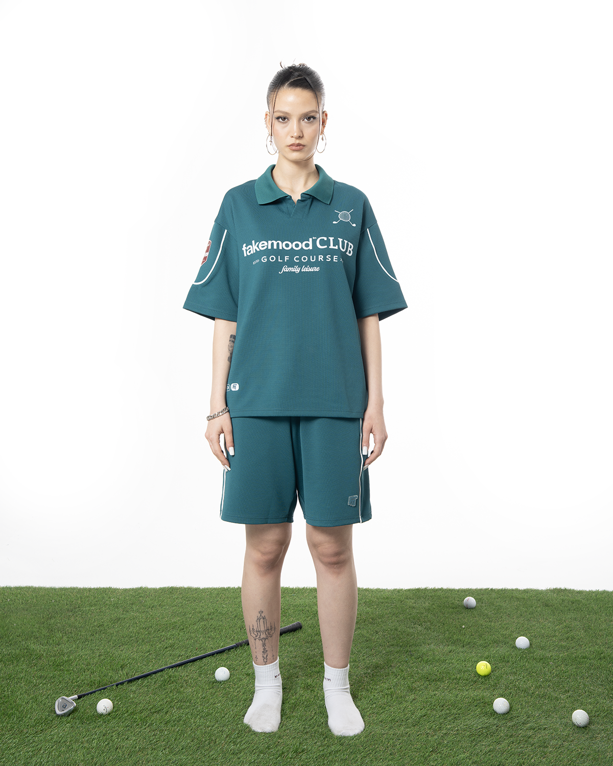 Kadin Oversize Fakemood Jersey Polo Yaka Golf Forma - YeşiL