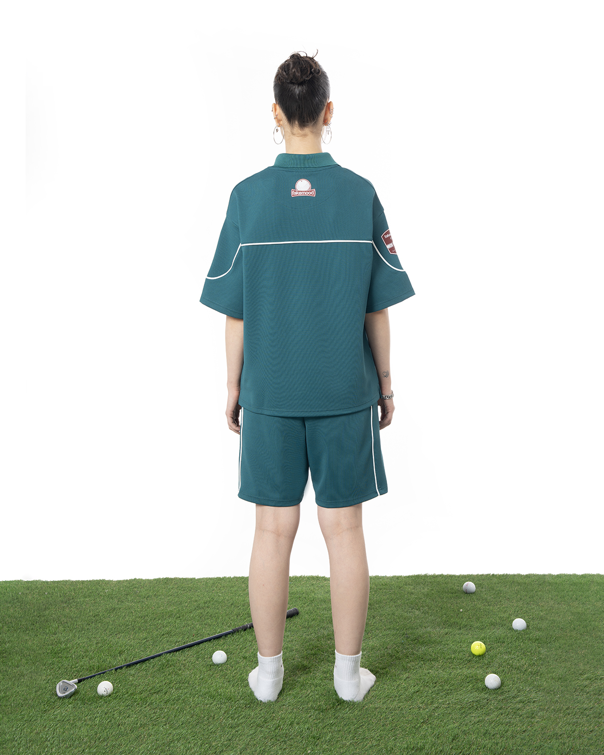 Kadin Oversize Fakemood Jersey Polo Yaka Golf Forma - YeşiL