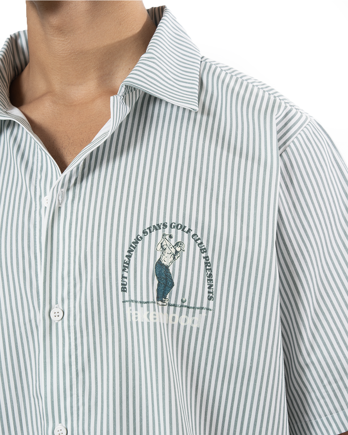 Erkek Oversize ÇiZgiLi Motto Etketli Golf Club Gömlek - YeşiL