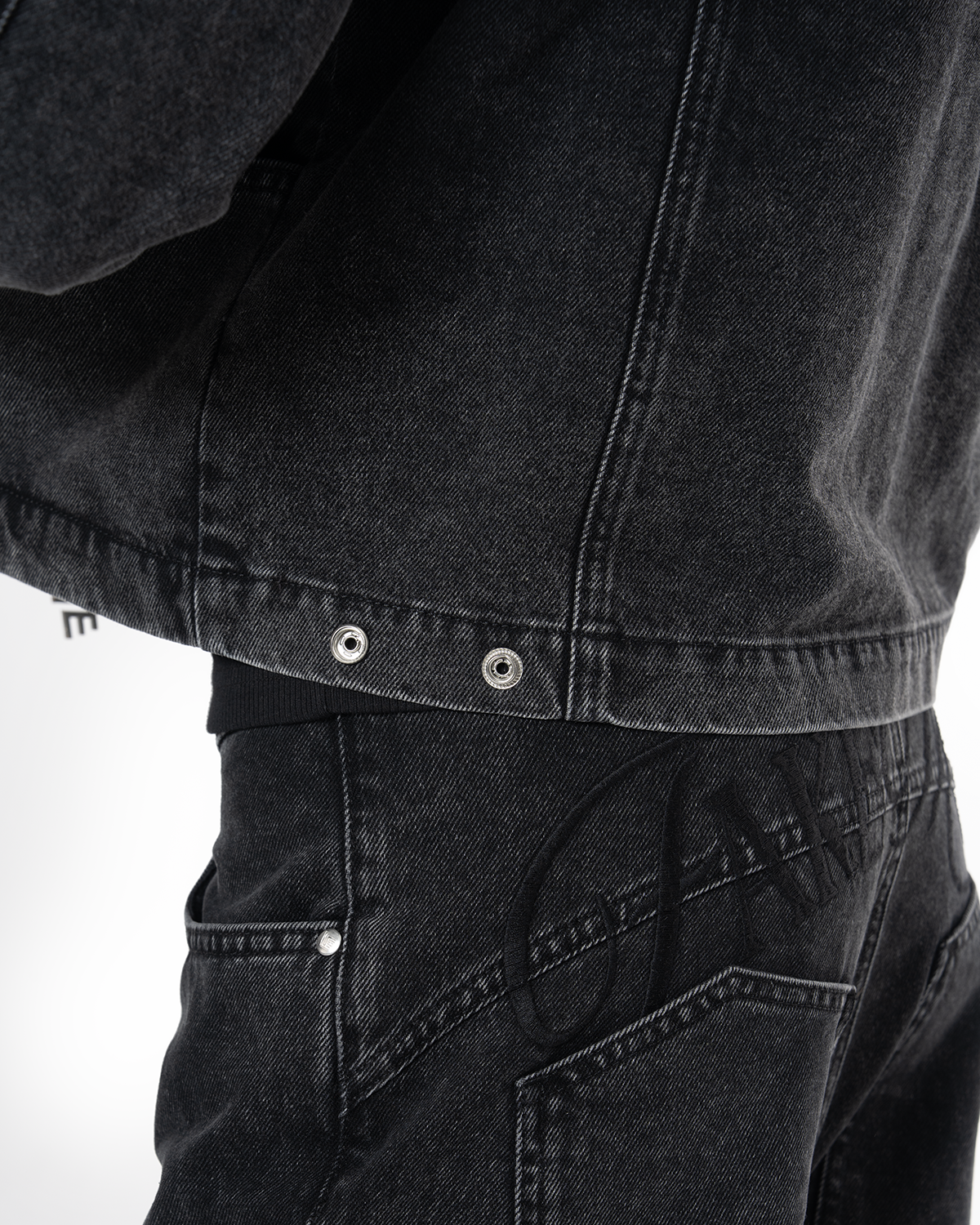 Unisex Relaxed Fit Fakemood Nakişli Premium Denim Pantolon - SiYah