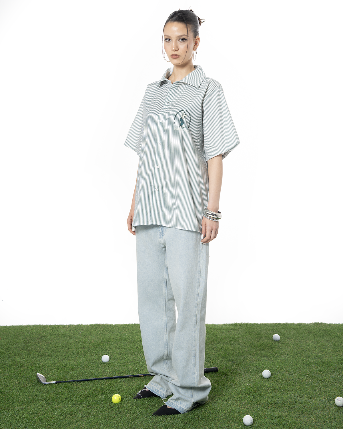 Erkek Oversize ÇiZgiLi Motto Etketli Golf Club Gömlek - YeşiL