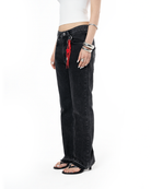 Unisex Relaxed Fit Fakemood Nakişli Premium Denim Pantolon - SiYah