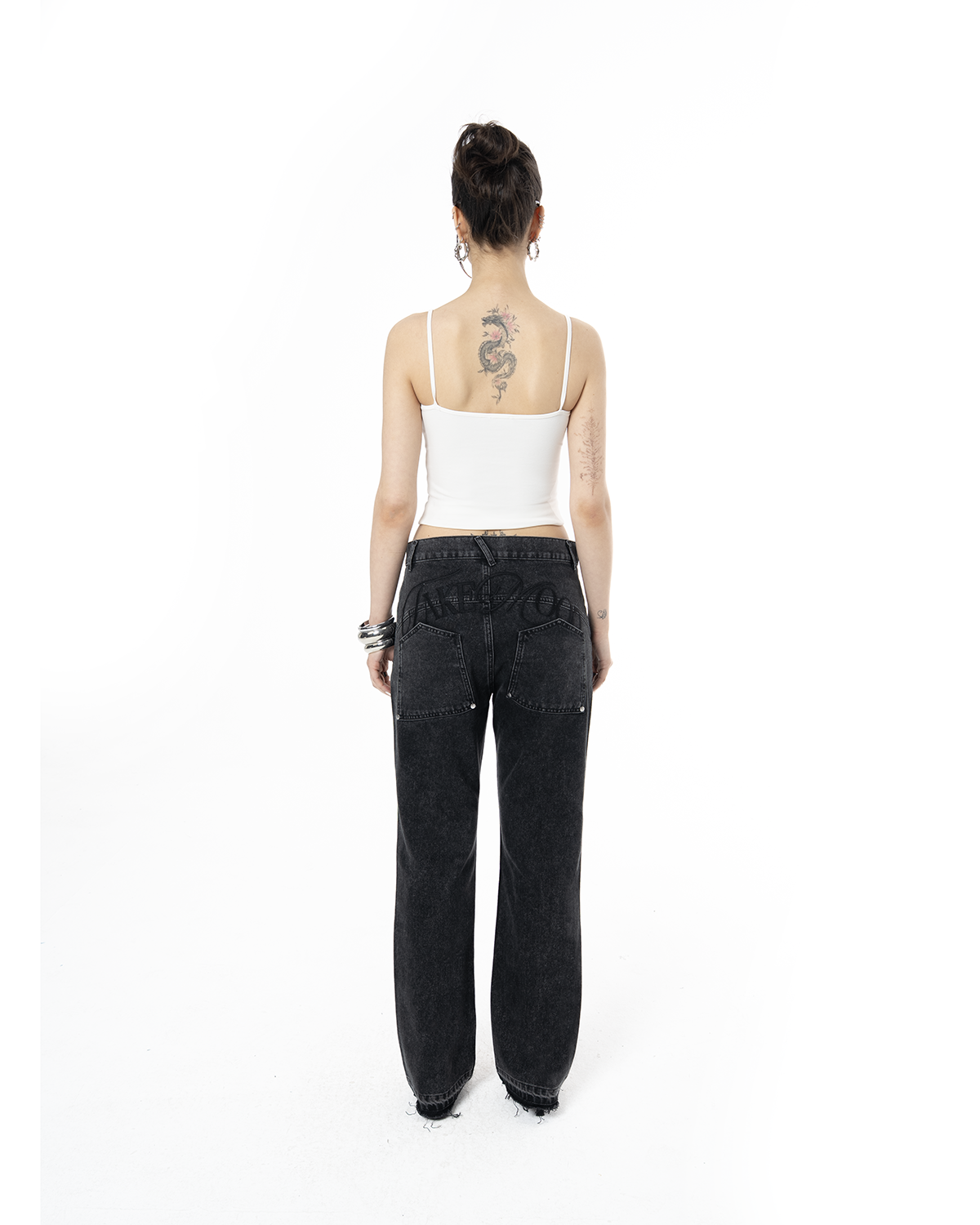 Unisex Relaxed Fit Fakemood Nakişli Premium Denim Pantolon - SiYah
