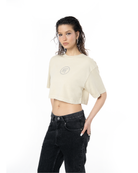 Kadin Oversize Fm Icon Yipratmali Crop TiŞört - Krem