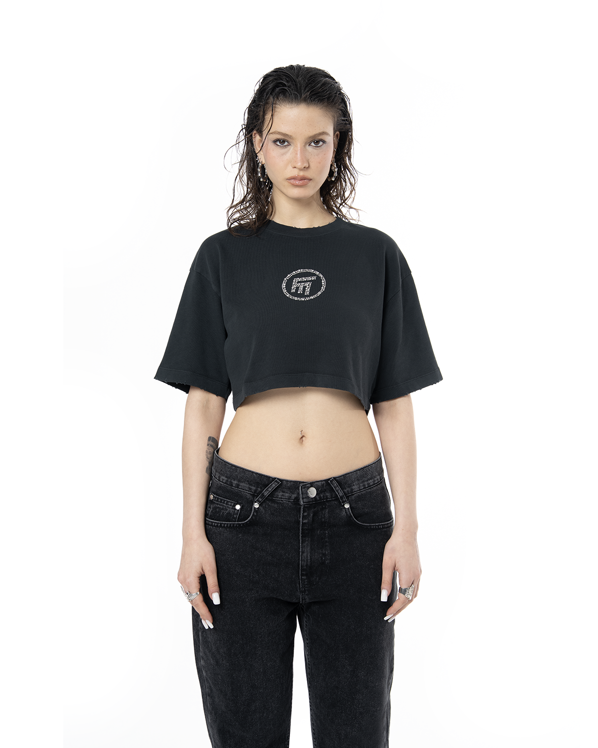 Kadin Oversize Fm Icon Yipratmali Crop TiŞört - SiYah