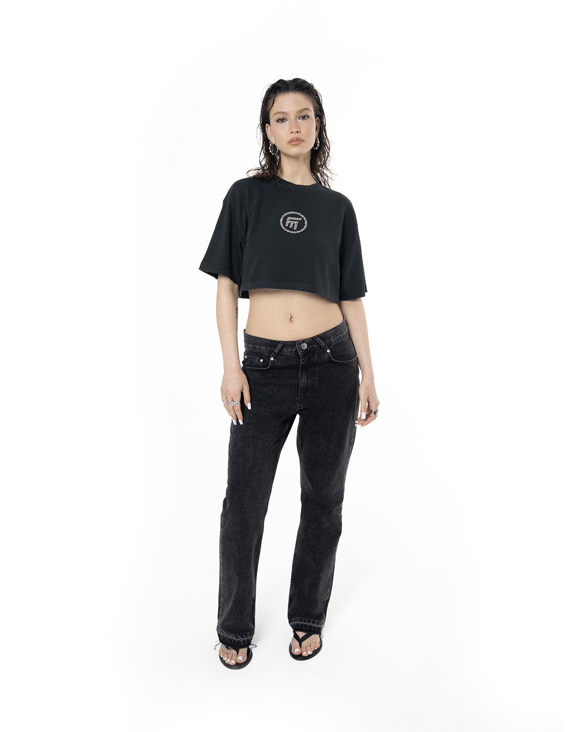 Kadin Oversize Fm Icon Yipratmali Crop TiŞört - SiYah