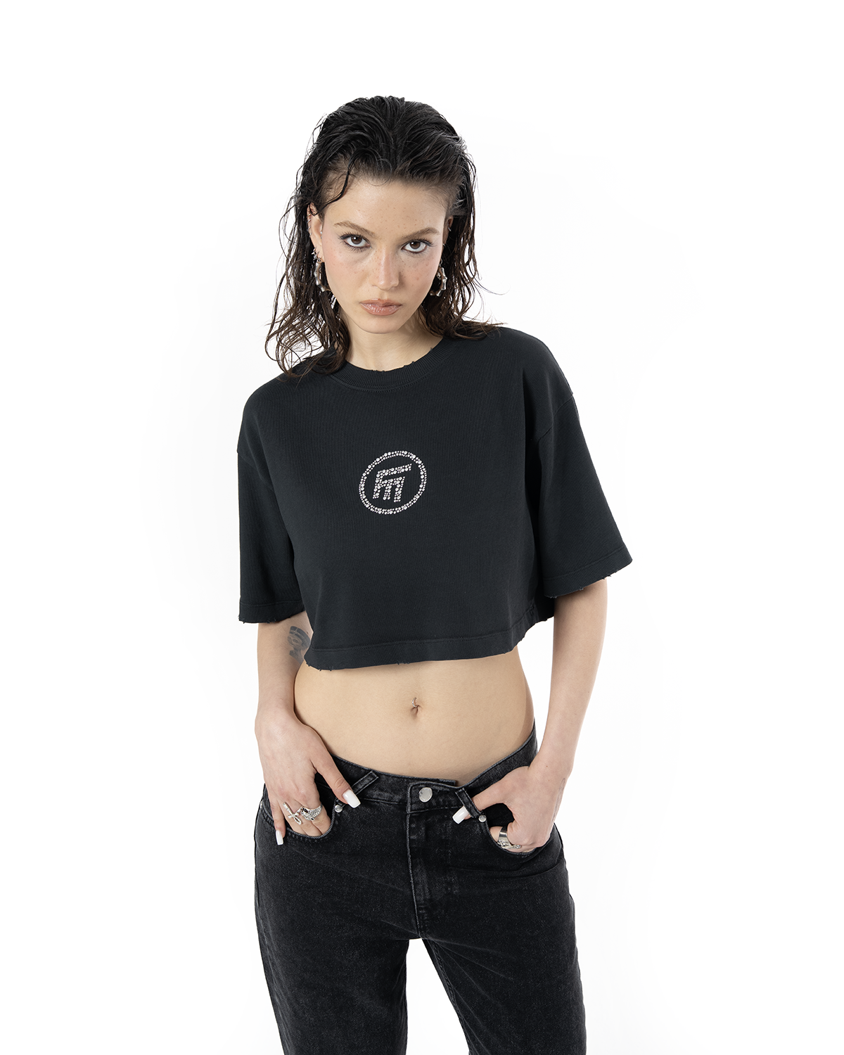 Kadin Oversize Fm Icon Yipratmali Crop TiŞört - SiYah