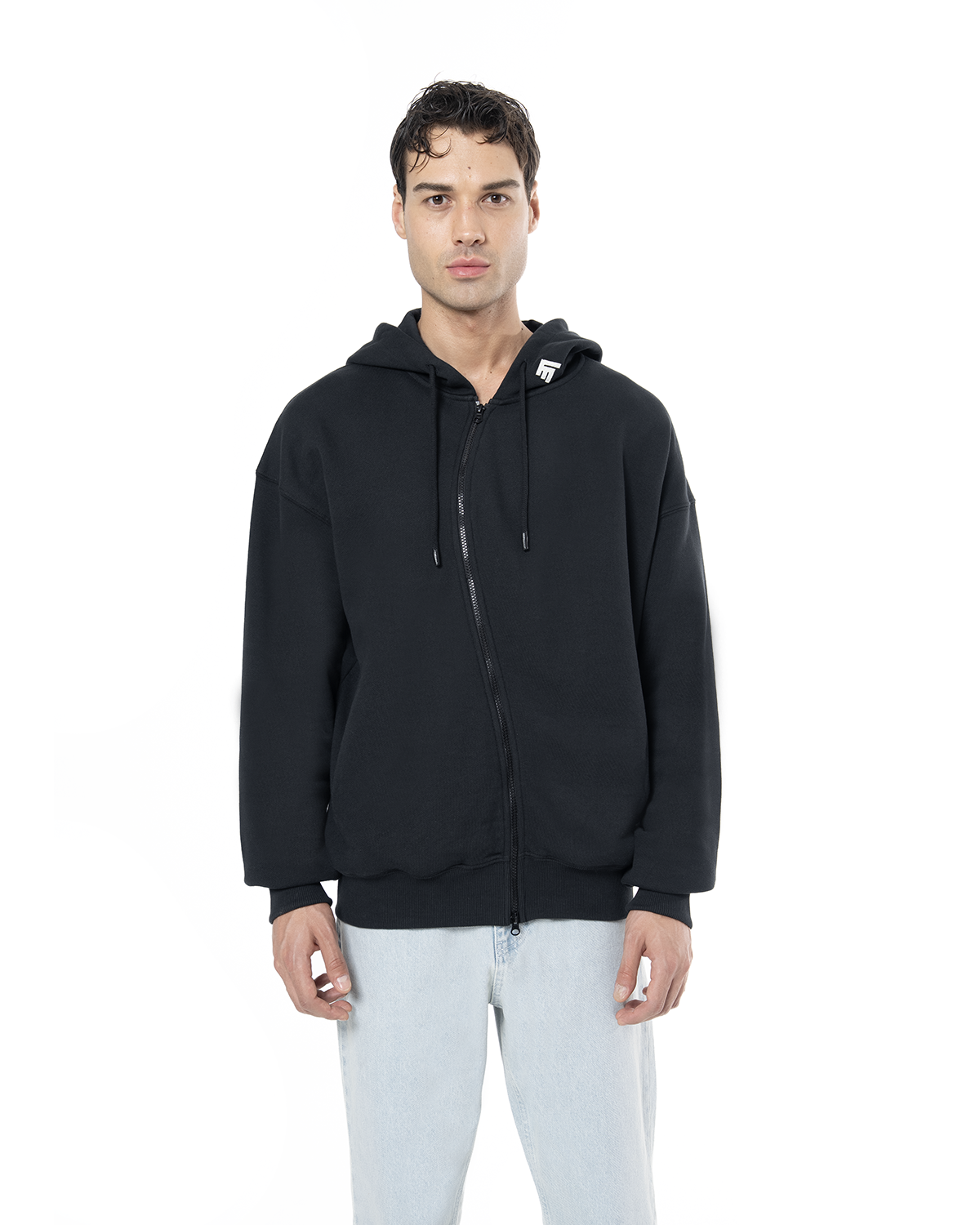 Erkek Oversize AsiMetriK KesiM Nakişli Zip Hoodie - SiYah