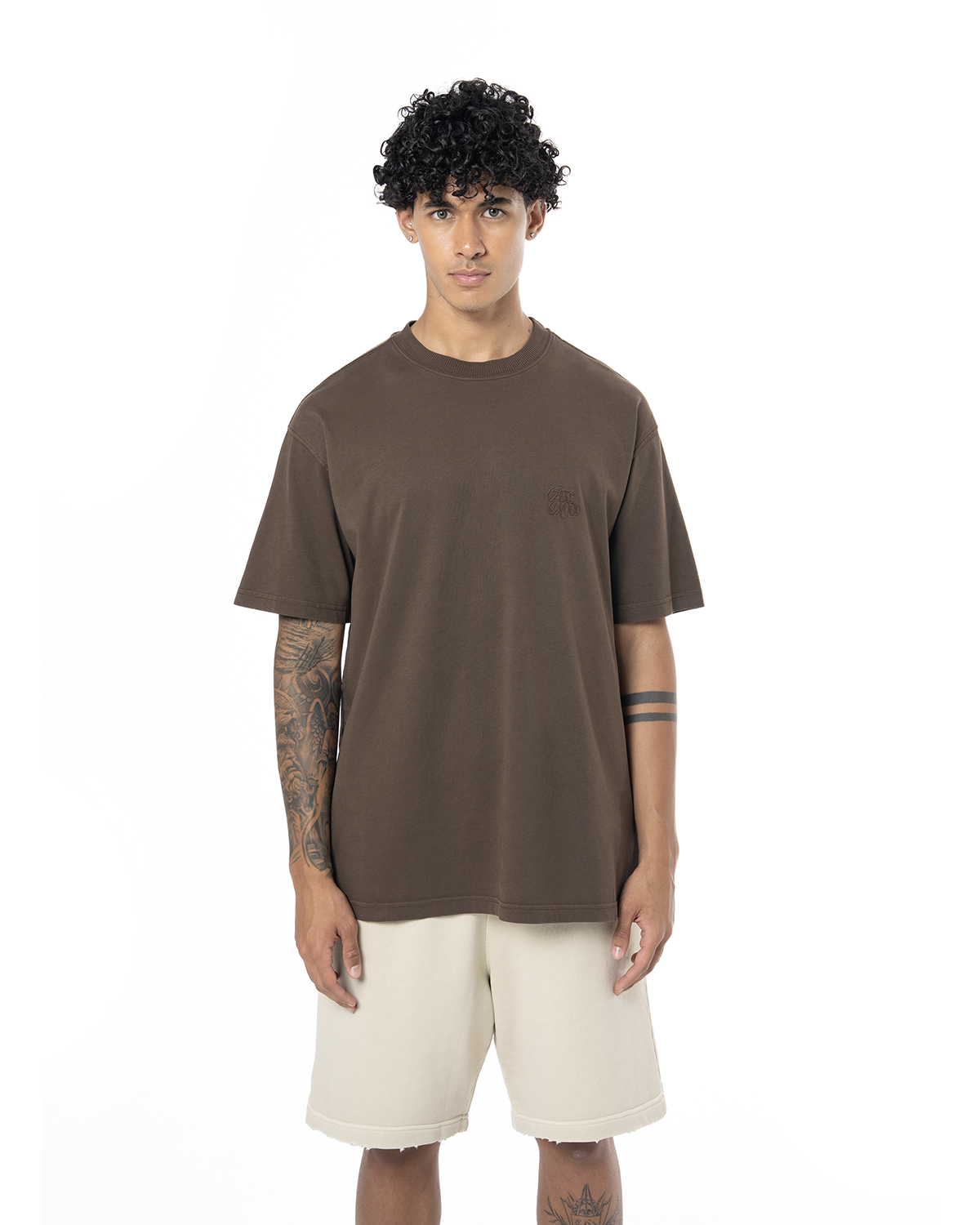 Erkek Oversize Fakemood Nakişli TiŞört - Kahverengi
