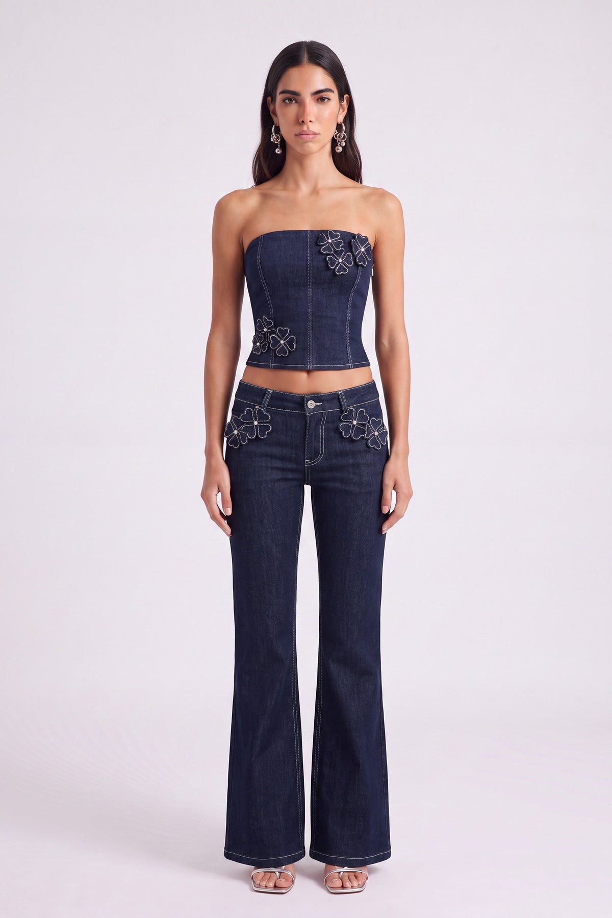 Çiçek Detaylı Düşük Bel Flare Clover Jean Pantolon Lacivert