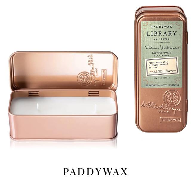 Paddywax Library Candle Two Wick Travel Tin Teneke Mum William Shakespeare