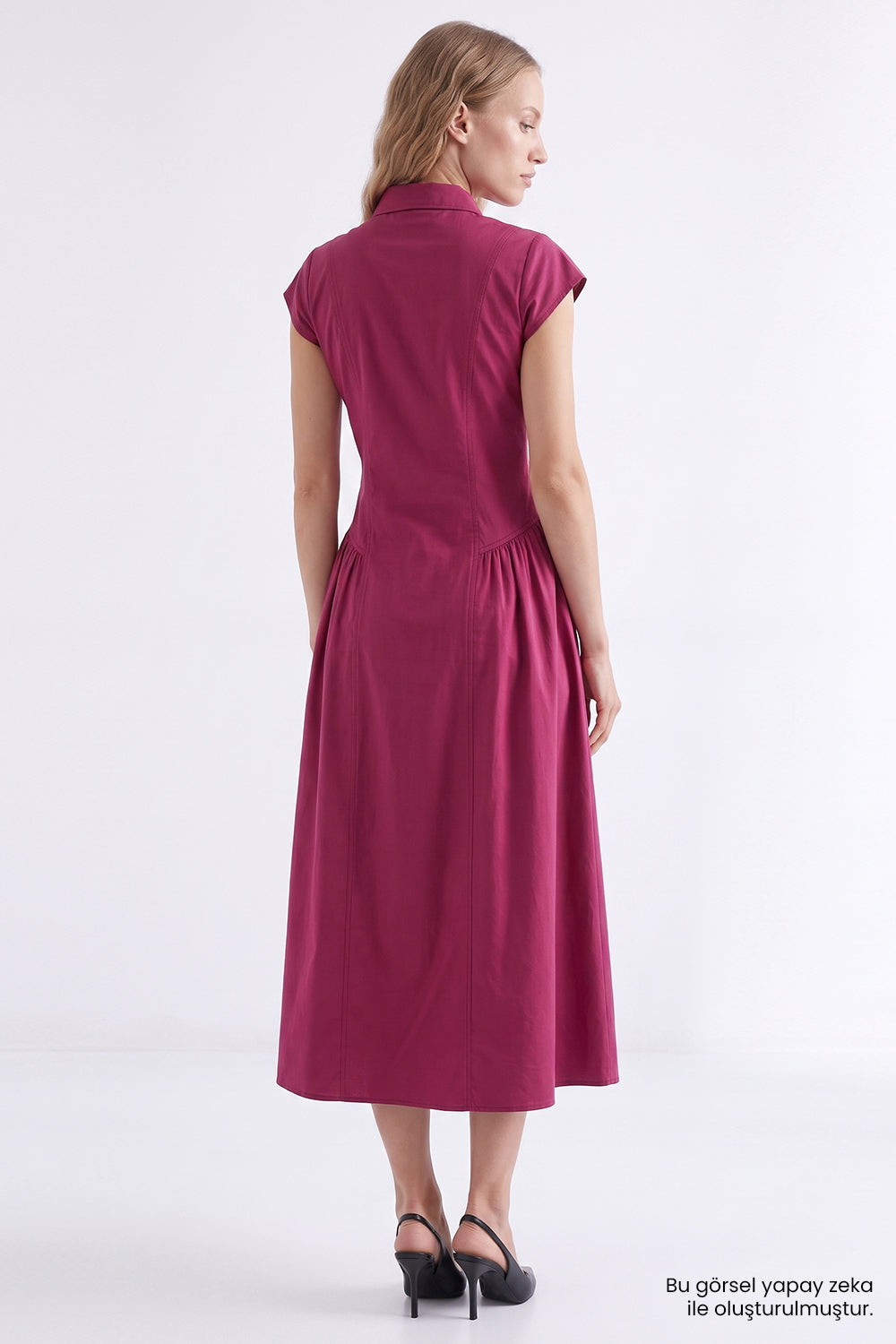Düşük Kol Bele Oturan Slim Fit Midi Vişne Elbise