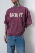 Erkek Archive Nakışlı Yıkamalı Oversize T-Shirt Vişne