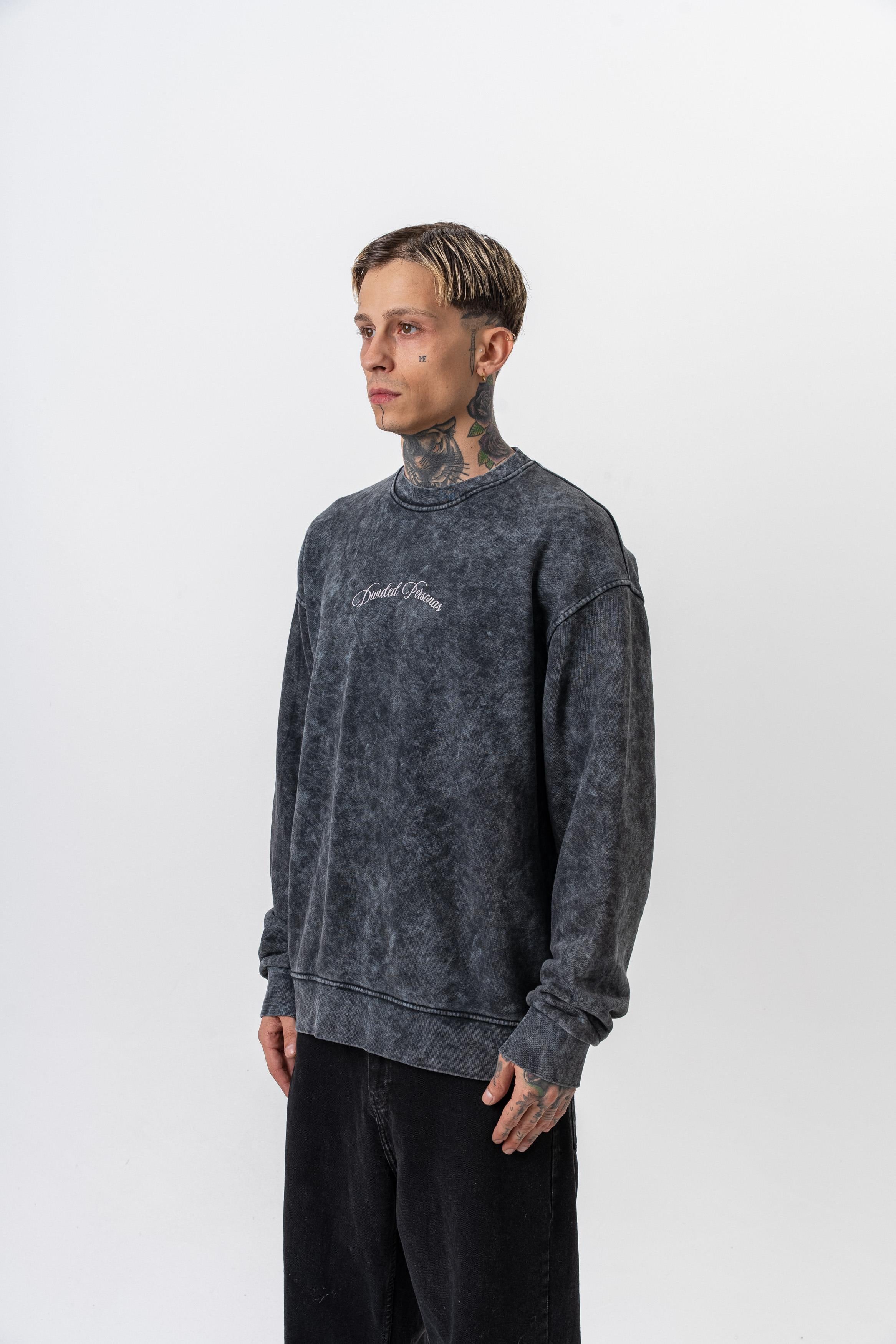 Erkek Divided Baskılı Yıkamalı Bisiklet Yaka Oversize Sweatshirt Siyah