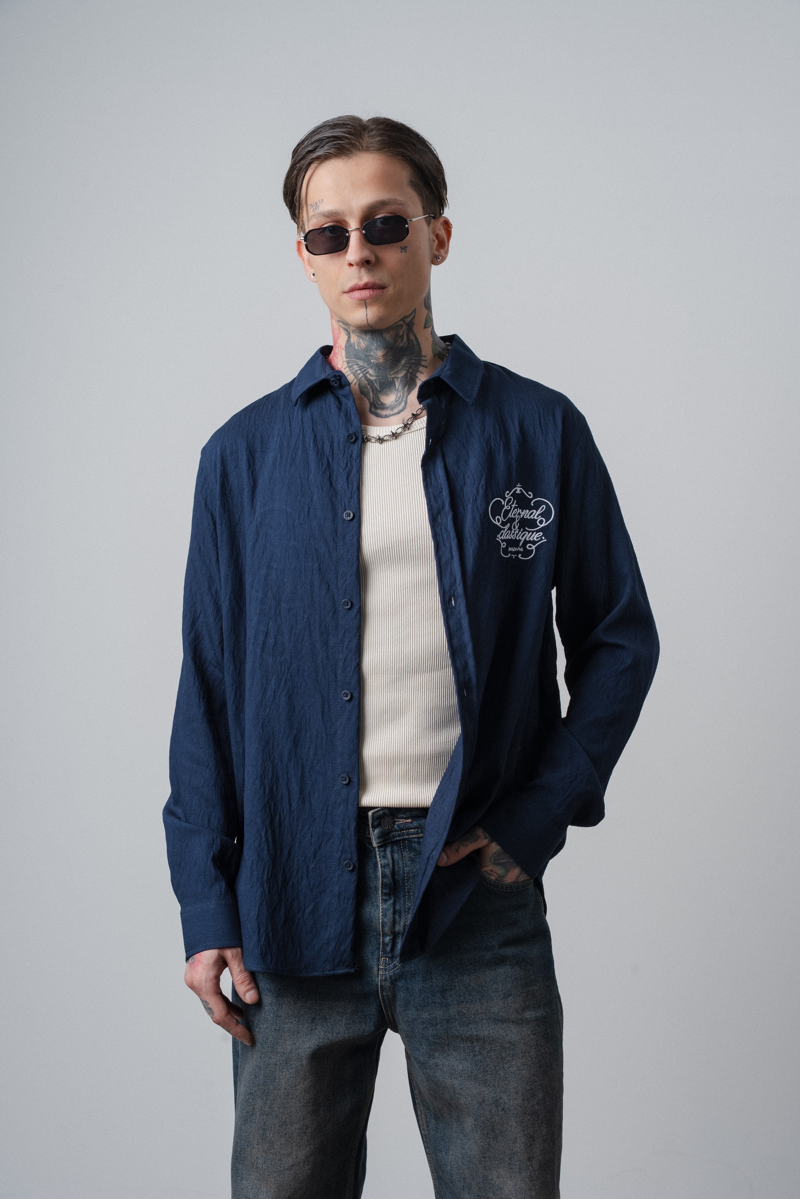 Erkek Eternal Nakışlı Uzun Kollu Keten Oversize Gömlek Lacivert