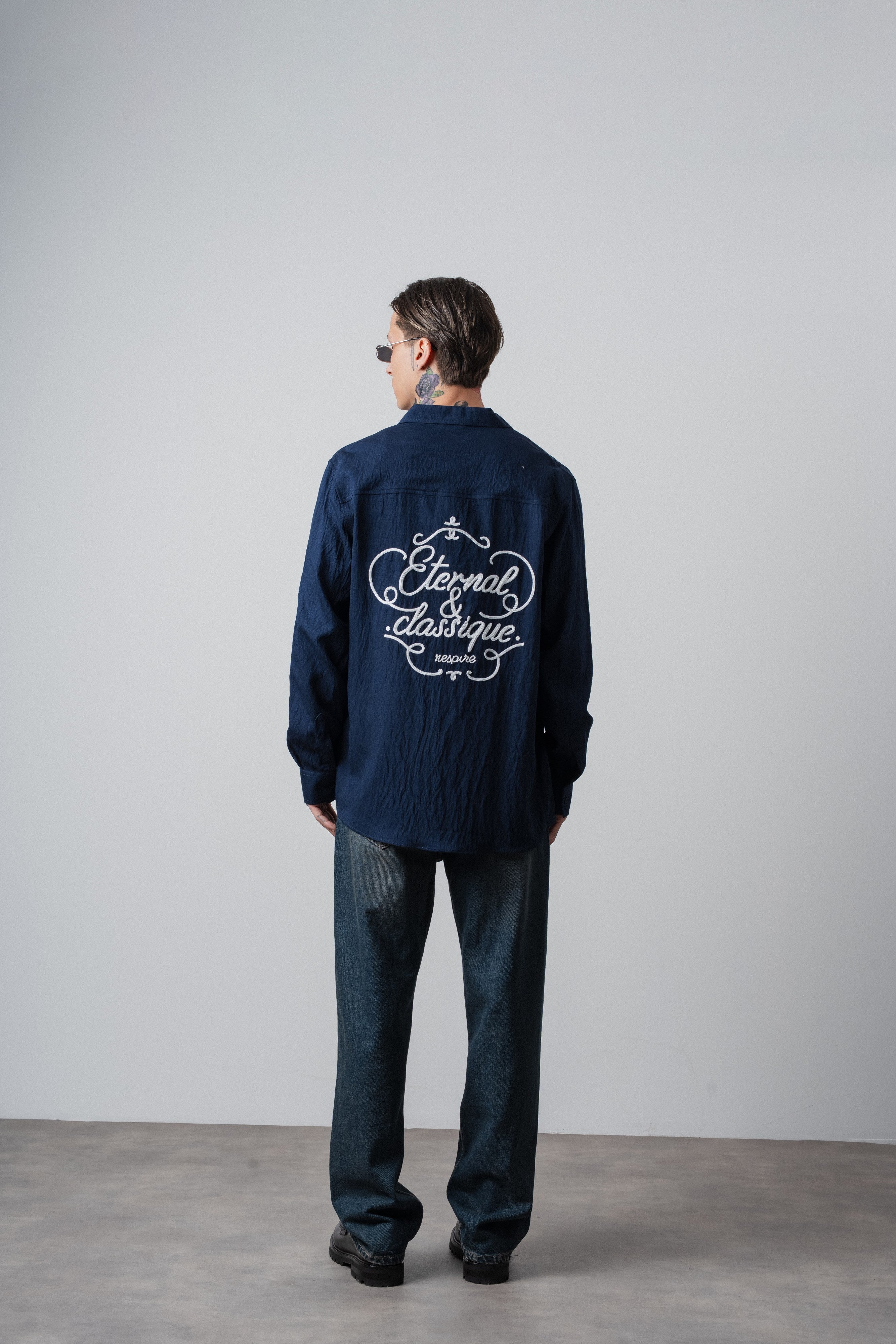 Erkek Eternal Nakışlı Uzun Kollu Keten Oversize Gömlek Lacivert