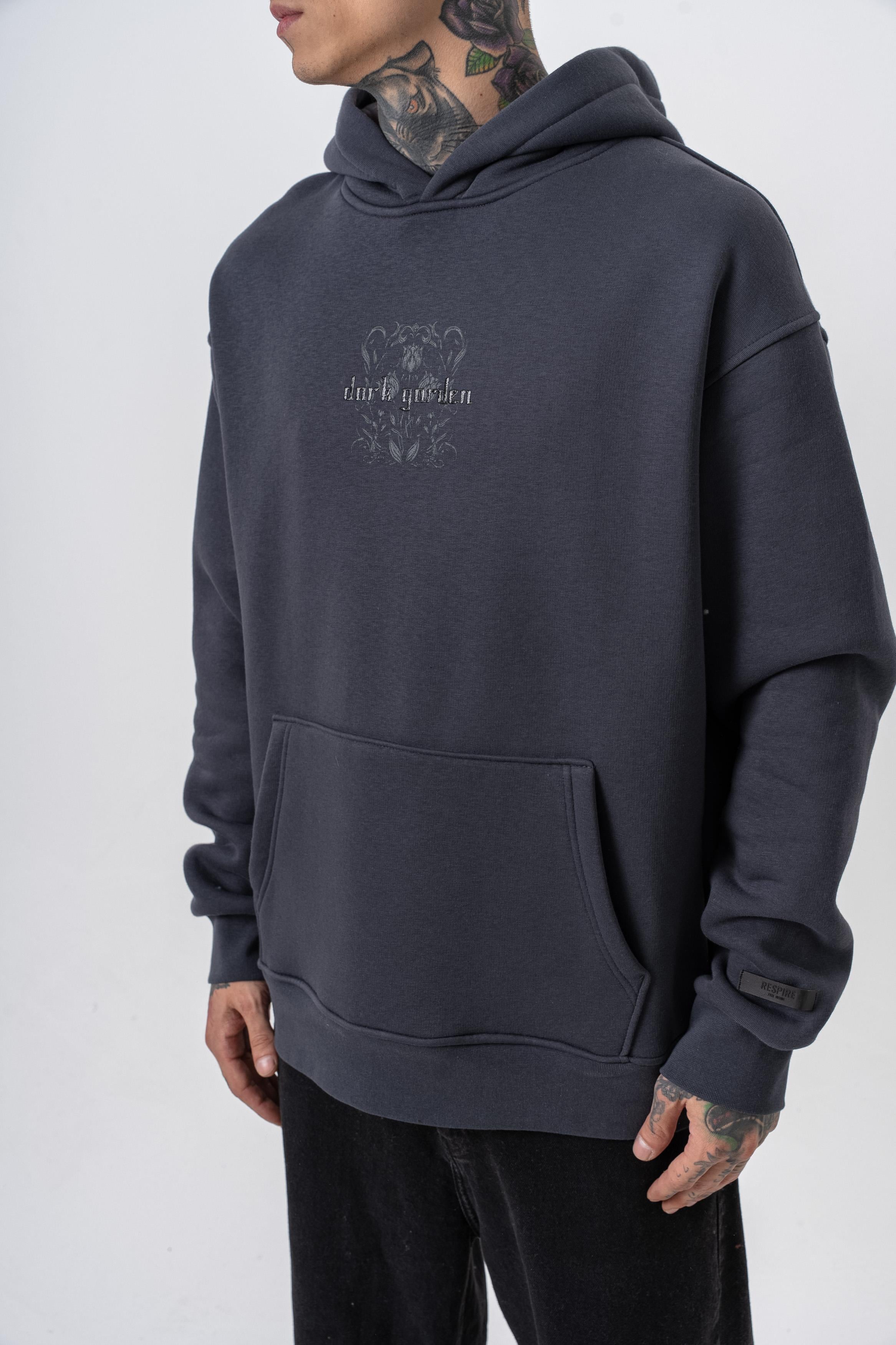 Erkek Garden Baskılı Kapüşonlu Oversize Hoodie Füme