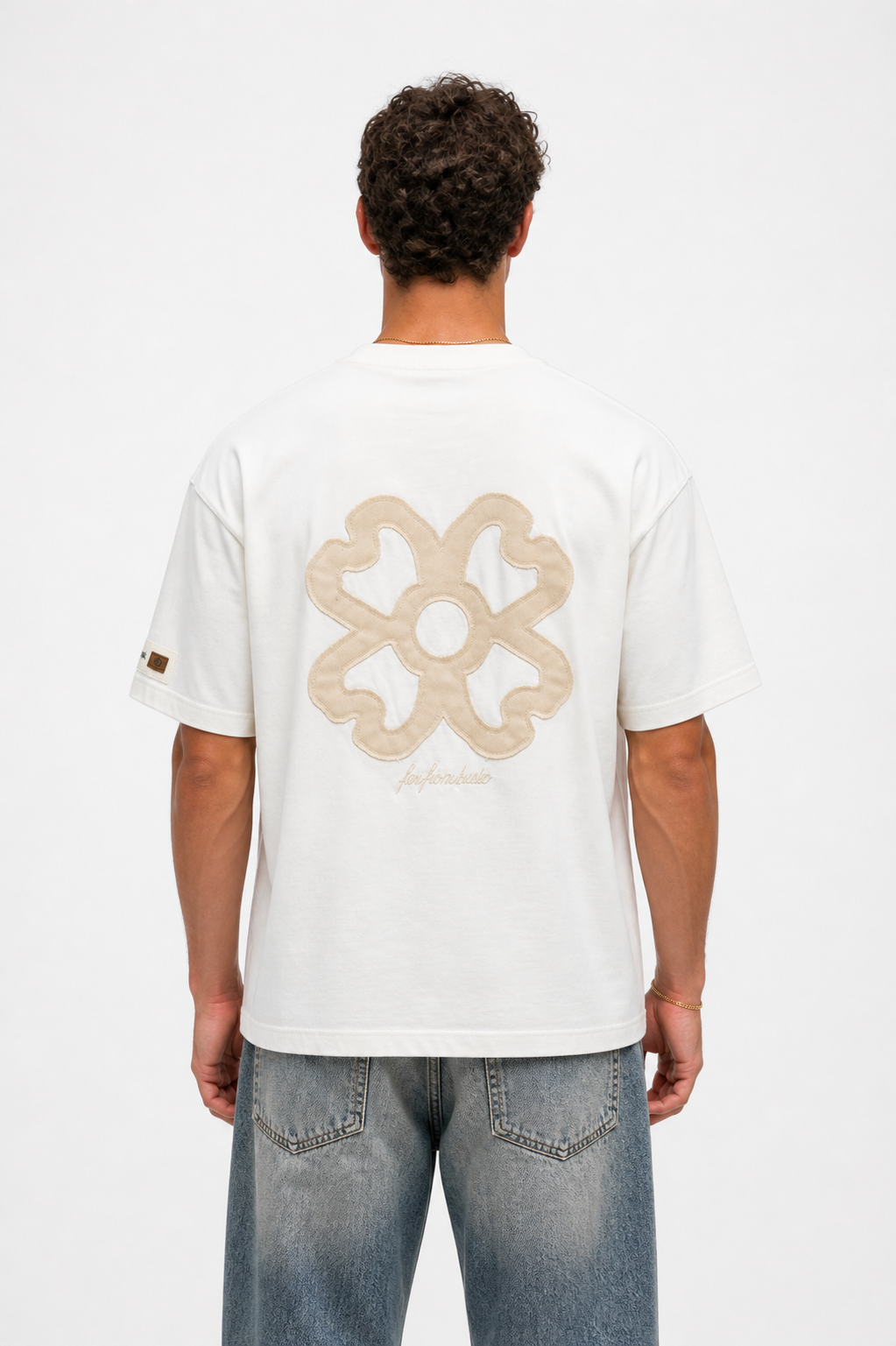 Erkek Nakış Detaylı Oversize T-Shirt Ekru