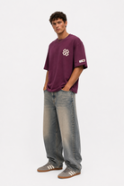 Erkek Nakış Detaylı Oversize T-Shirt Vişne