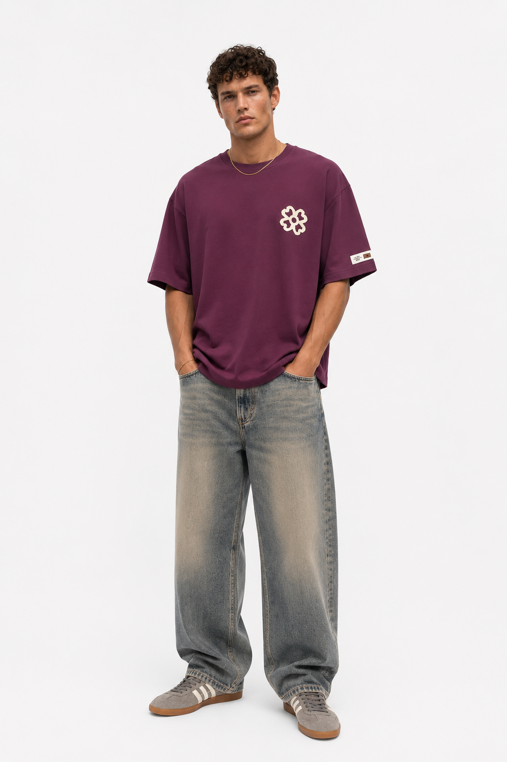 Erkek Nakış Detaylı Oversize T-Shirt Vişne