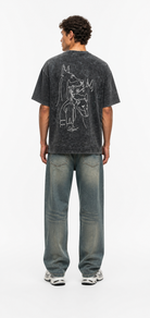 Erkek Nakış Detaylı Yıkamalı Oversize T-Shirt Siyah
