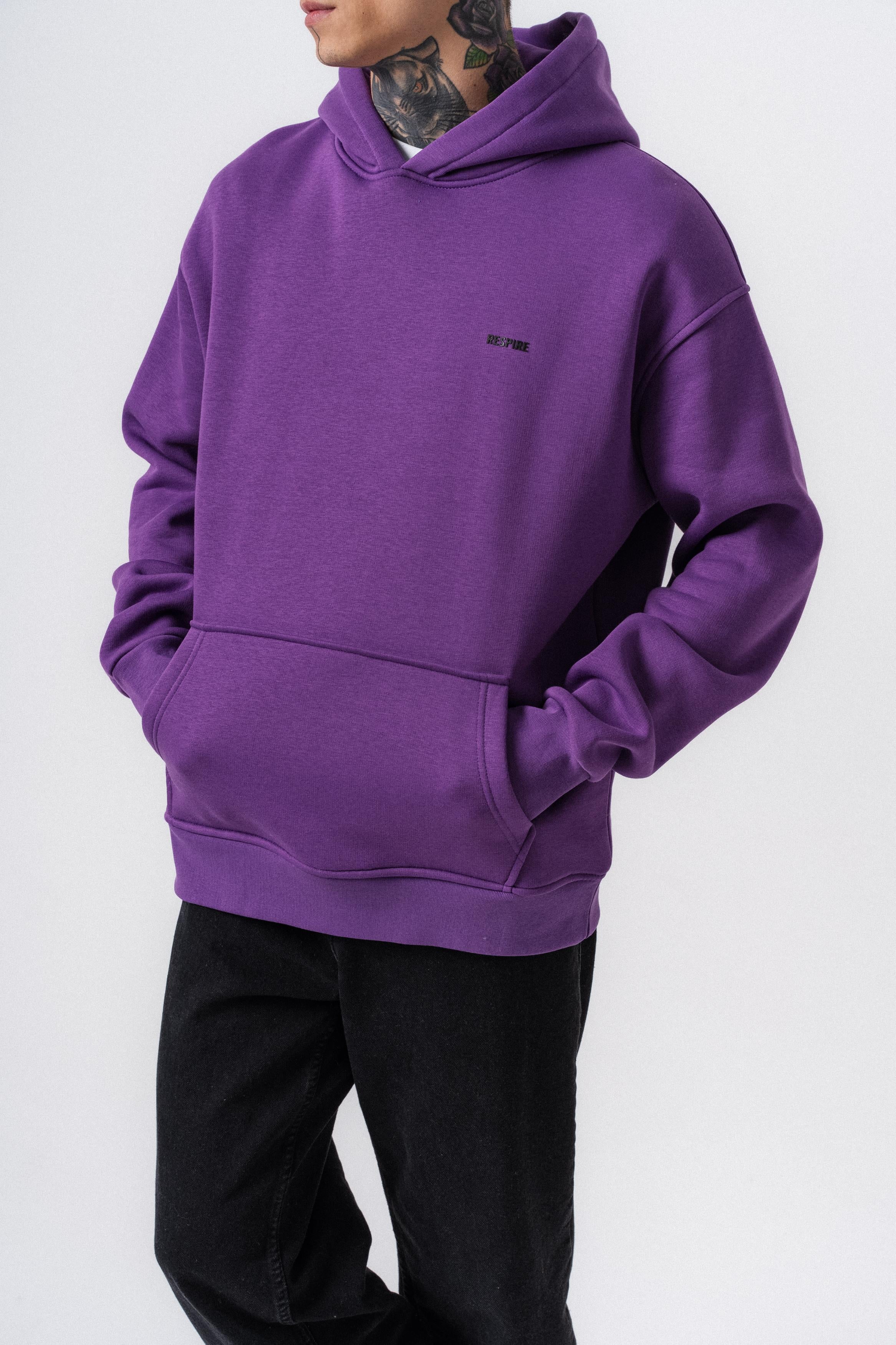 Erkek Respire Yazı Detaylı Kapüşonlu Basic Oversize Hoodie Lila