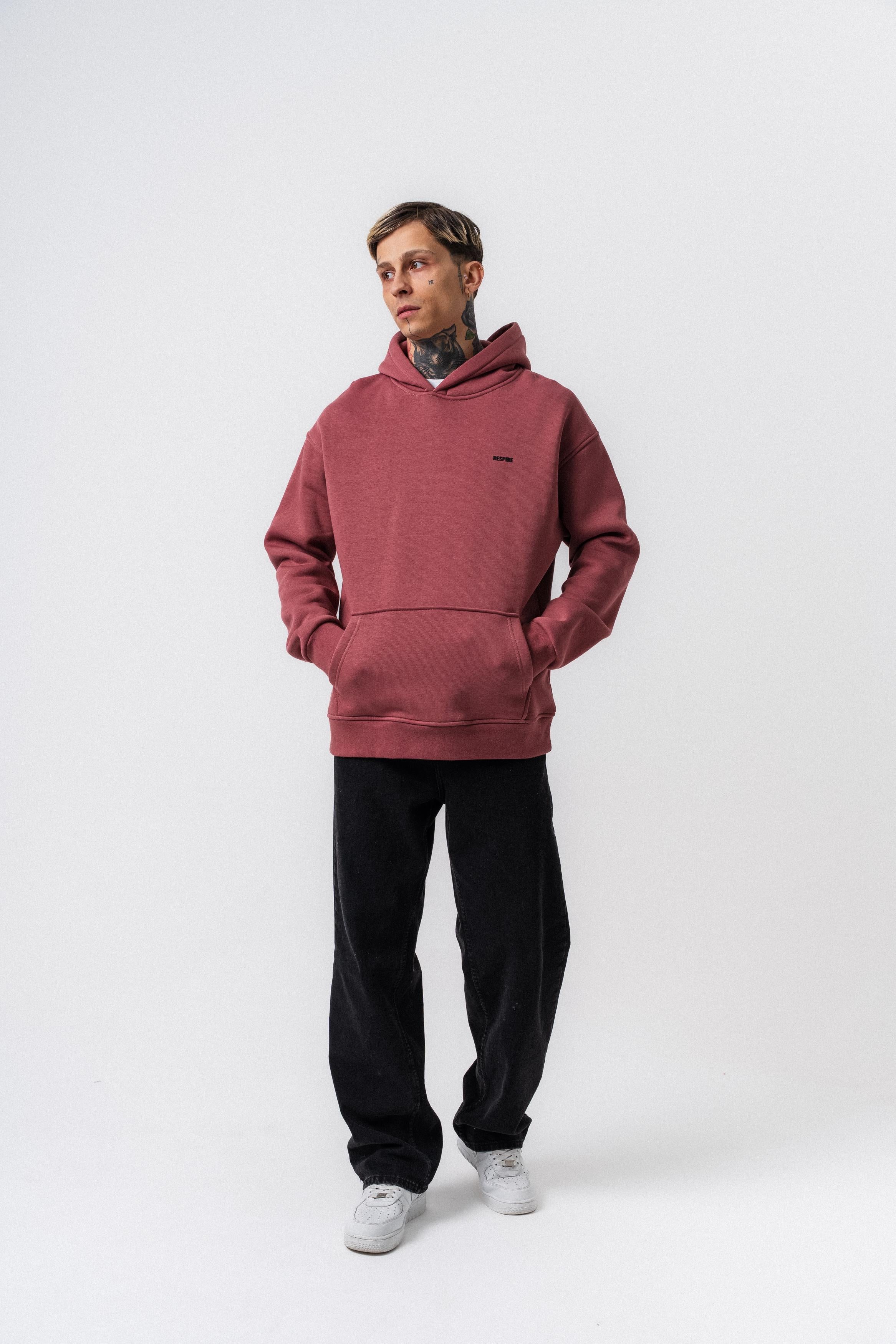 Erkek Respire Yazı Detaylı Kapüşonlu Basic Oversize Hoodie Gül