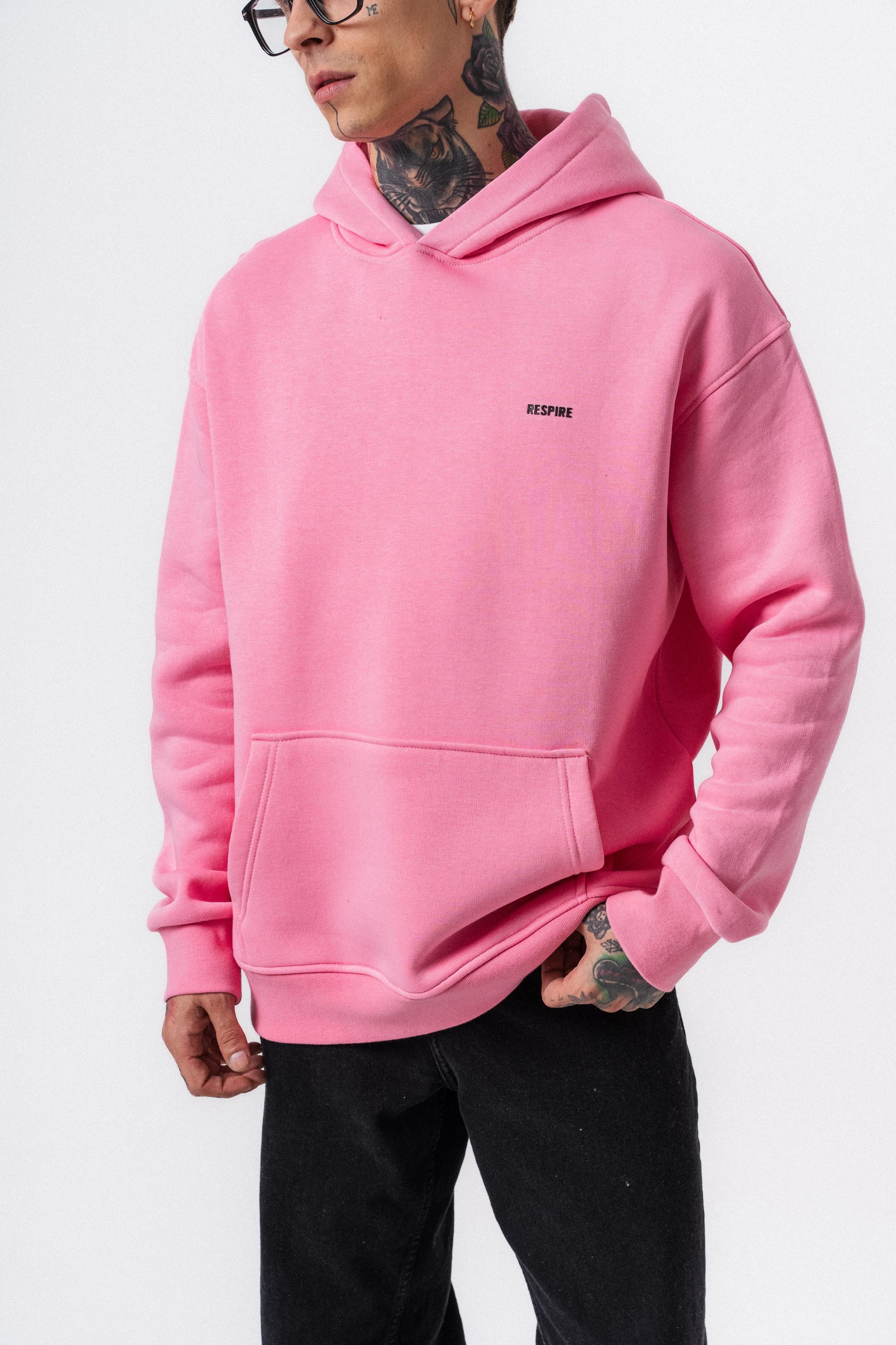Erkek Respire Yazı Detaylı Kapüşonlu Basic Oversize Hoodie Pembe