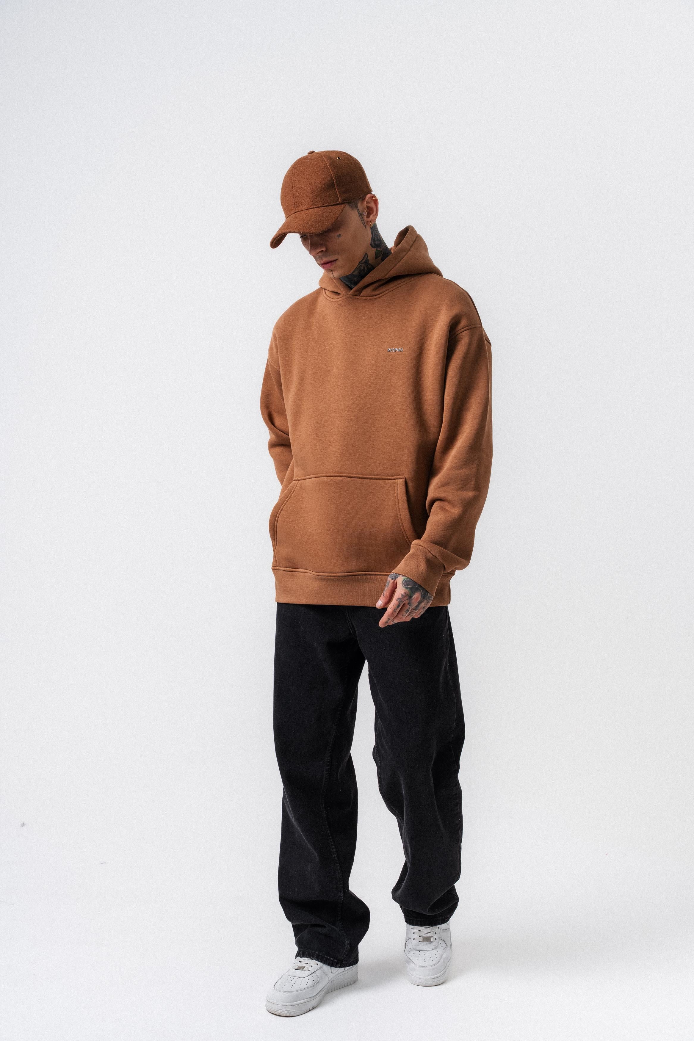 Erkek Respire Yazı Detaylı Kapüşonlu Basic Oversize Hoodie Kahve